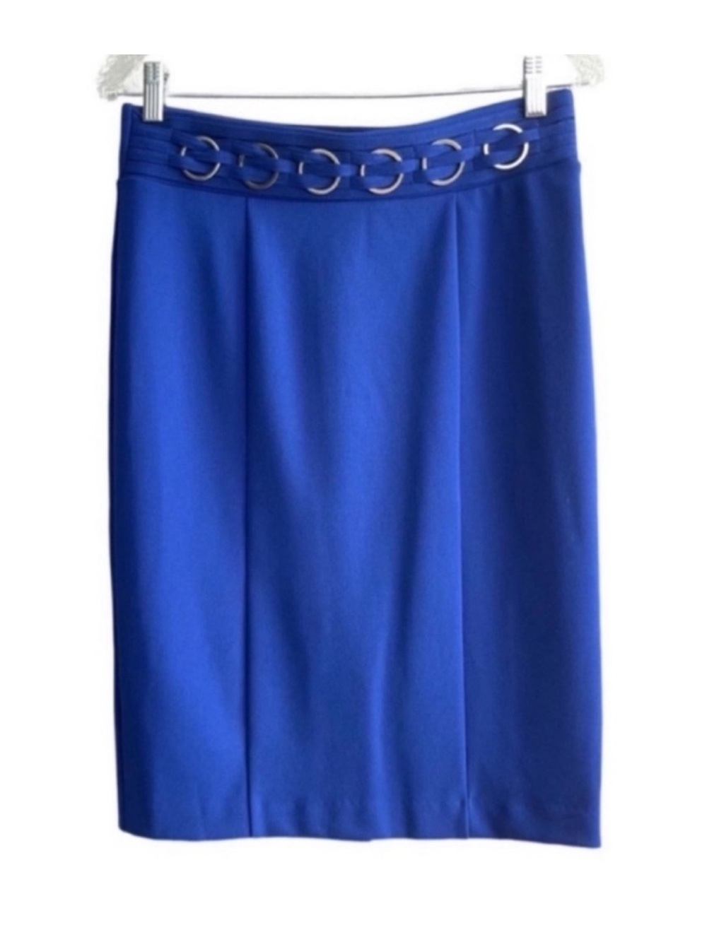Carole Wren Pencil Skirt Pull-on Faux Belt Detail Stretch Crepe Blue Size S